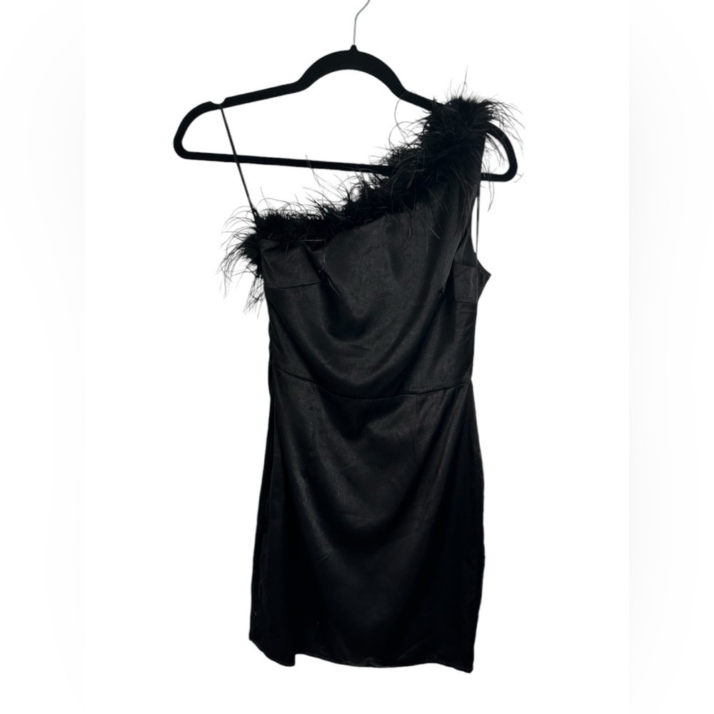 Altar’d State Feather Detail Satin One Shoulder Little Black Dress Women’s Sz XS - Picture 13 of 13